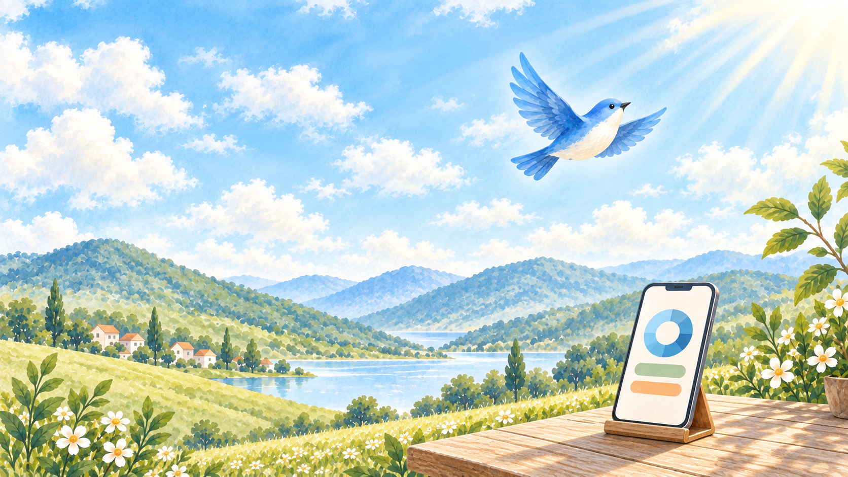 明るい青空へ羽ばたく1羽の青い鳥。湖を望む木製テーブルのスマートフォンで、これからの手取りを確かめるイメージ。